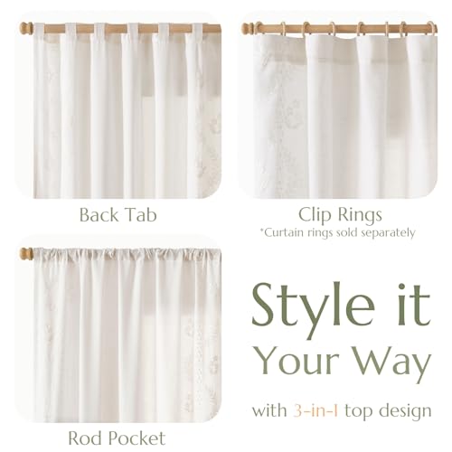 jinchan Floral Linen Curtains 96 Inch Farmhouse Back Tab 2 Panels - color: Off White, size: 50"W x 96"L (Pack of 2)