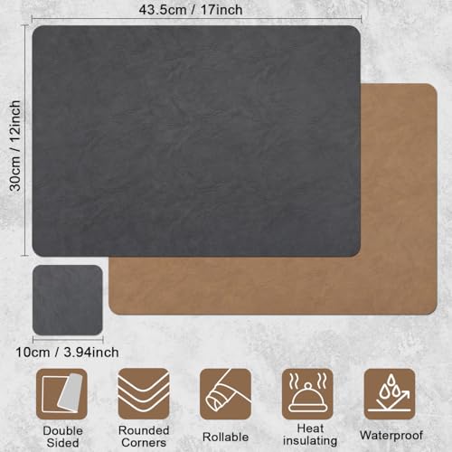 Vinyl Placemats Set of 4, Dual Sided Place Mats with Drink Coasters - color: Brown/Dark Gray Two-tone, size: Set of 4