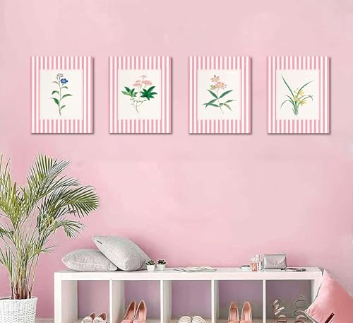 BWDDWB Pink Floral wall art set of 4 Vintage Pink and White Striped Floral Rustic Cottagecore Botanical Posters Canvas Prints Pictures for Home Bedroom Living Room Girls Dorm Wall Decor 8x10 Unframed - color: Pink Floral, size: 10"L x 8"W