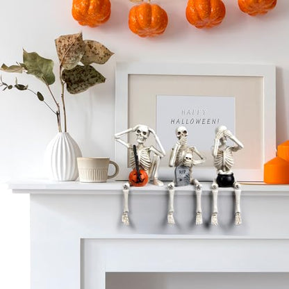 Halloween Skeleton Statue Set of 3, See Speak Hear No Evil Figurines - color: White