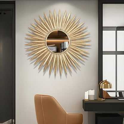 homary Sunburst Wall Mirror, 33.7" Gold Accent Mirror with Embossed Metal Frame for Living Room, Entryway, or Bedroom Decor (1, Style-A)