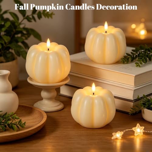 Wondise Fall Decorations Real Wax Pumpkin Candles with Remote Timer - color: 5-White