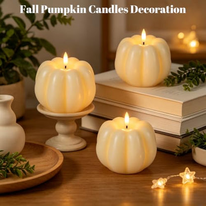 Wondise Fall Decorations Real Wax Pumpkin Candles with Remote Timer - color: 5-White