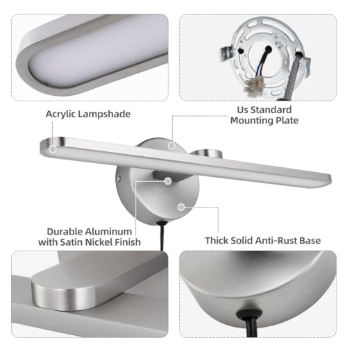 MantoLite Bathroom Vanity Light bar, Modern Brass LED Wall Sconce Over Mirror, Dimmable 3000K/4000K/6000K,Hardwired Bathroom Wall Light,24 Inch Bar Long Strip Sconce - color: Nickel, size: 16 inches