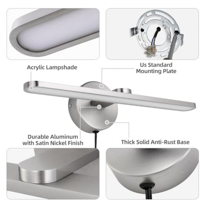 MantoLite Bathroom Vanity Light bar, Modern Brass LED Wall Sconce Over Mirror, Dimmable 3000K/4000K/6000K,Hardwired Bathroom Wall Light,24 Inch Bar Long Strip Sconce - color: Nickel, size: 16 inches