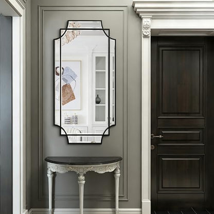 47"x24" Large Geometric Rectangle Beveled Mirror with Wood Frame - color: Black, size: 47"L x 24"W