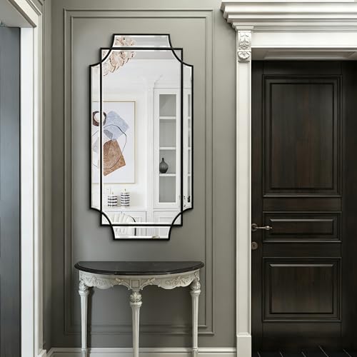47"x24" Large Geometric Rectangle Beveled Mirror with Wood Frame - color: Black, size: 47"L x 24"W