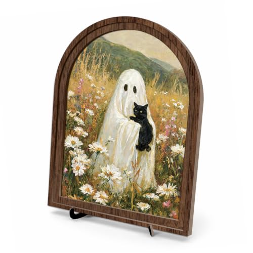 Ghost Black Cat Arched Wood Frame Tabletop Decor, Cute Halloween Wall Art - color: Color 16