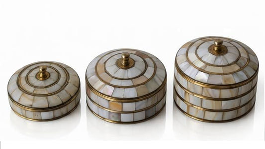 Set of 3 Vintage Round Hand-Painted Jewelry Trinket Boxes | Antique Metal Decorative Cases with Mother of Pearl | Sindoor, Coin & Keepsake Boxes for Women & Home Decor (Silver-Pearl) - color: Silver-Pearl