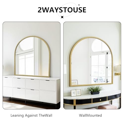 33"x 31"Arched Dresser Mirror, Antique Gold Wall Mirror Metal Beaded Frame for Living Room, Bedroom, Entryway, Bathroom