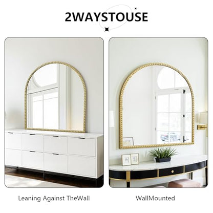 33"x 31"Arched Dresser Mirror, Antique Gold Wall Mirror Metal Beaded Frame for Living Room, Bedroom, Entryway, Bathroom