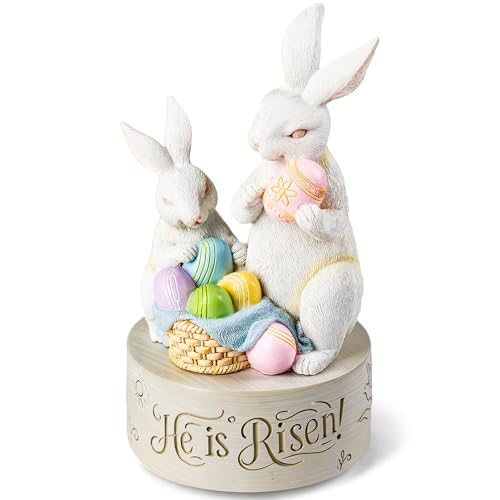 AIDLNS Christian Easter Bunny Music Box – He is Risen Religious Figurine with Cross Hope Faith Love Engraving Wind Up Music Box Play Easter Parade