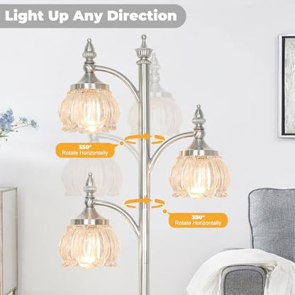 JUNNAI Brushed Nickel Floor Lamps for Living Room Silver Flower Standing Lamp with 3 Brightness Lights Glass Shades 66.5in Lamp for Bedroom Office(3LED Bulbs Included) - color: Silver-2