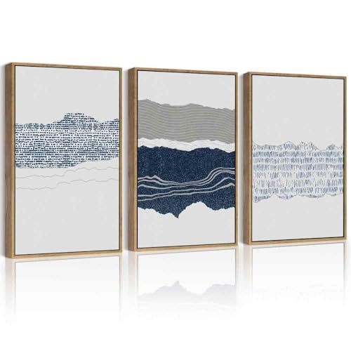 PHOPAGO Navy Blue Abstract Shapes Framed Wall Art 16x24in Natural Frame - color: Cyan Mid Century, size: 24L" x 16W" x 3 Pcs Natural