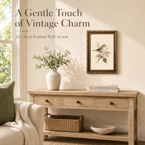 Gold Framed Bird Wall Art, Vintage Sparrow and Blossoms Canvas, 12x16in - color: neutral color, size: 16"L x 12"W