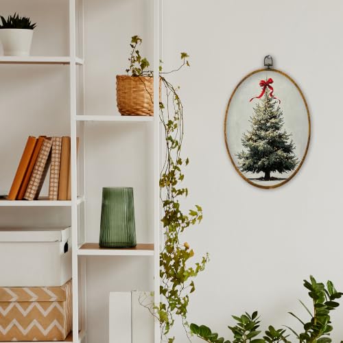 XPH Red Bow Christmas Tree Oval Wall Art Framed 8.6x11.4 Inch - color: Christmas53