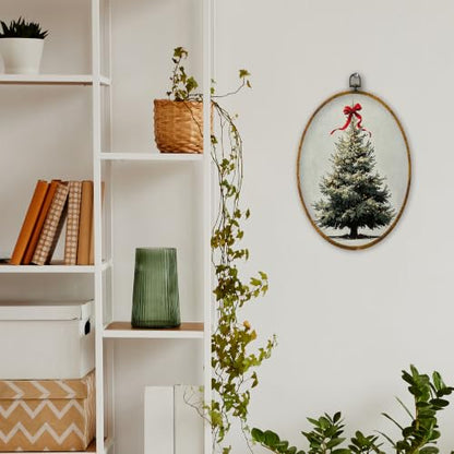 XPH Red Bow Christmas Tree Oval Wall Art Framed 8.6x11.4 Inch - color: Christmas53