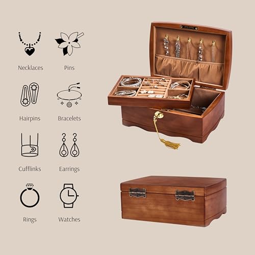 Wooden Jewelry Box with Lock and Key, Medium Size Case with Tray | Real Natural Wood, Lockable, Antique Style Organizer with Large Storage, Big Ring Compartments, Necklace Hooks, Brown