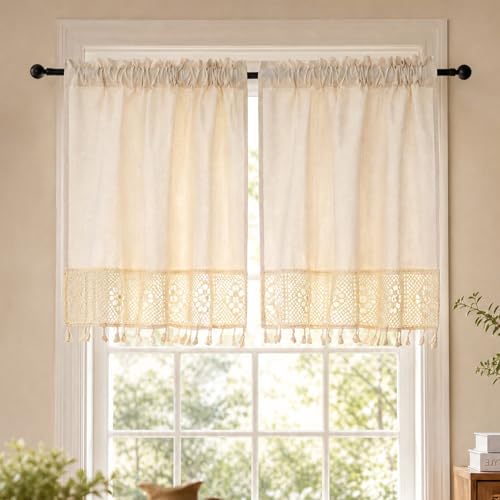 Molaxhome Linen Valances for Windows Boho Kitchen Valance Window Treatments - color: Beige, size: 35.4"W x 29.1"L (Pack of 1)