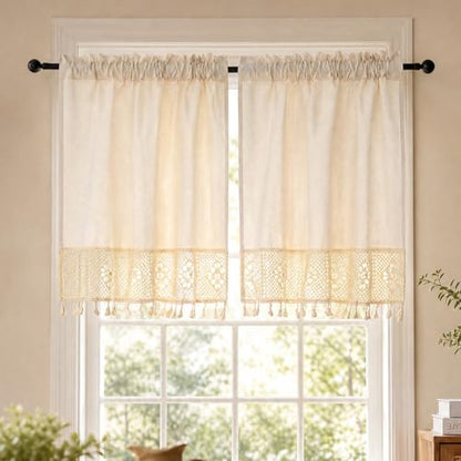 Molaxhome Linen Valances for Windows Boho Kitchen Valance Window Treatments - color: Beige, size: 35.4"W x 29.1"L (Pack of 1)