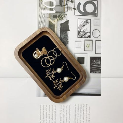 Wooden Jewelry Tray Small Trinket Dish with Velvet Surface Rings Earrings Dish Necklaces Bracelet Organizer Display Tray for Dresser Drawer Tabletop Birthday Gift(Rectangle) - size: Rectangle-Walnut