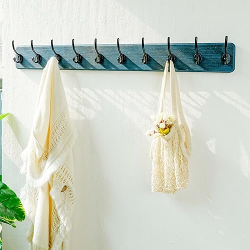 Dseap Coat Rack Wall: 38-1/4" Long, Patented, Heavy-Duty, 10-Double-Hooks Wooden Wall Mounted Coat Rack Coat Hanger Hook Rail for Winter Coats Hat Jacket Clothing, Weathered Blue, Pack of 2 - color: Weathered Blue & Black, size: L=38.3"(2pcs)