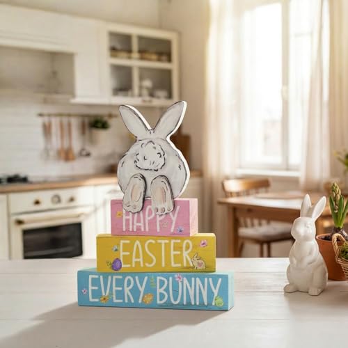 Smile Happy Easter Every Bunny Wooden Block Stack Decor, 3-Tiered Pastel Blocks with Bunny Silhouette for Spring & Easter Tabletop Display
