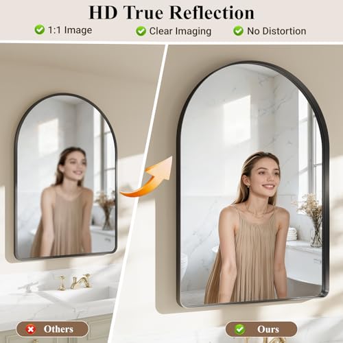 40"x30" Black Arched Mirror, Arched Wall Mirror with Metal Frame, Wall Mounted Large Arched Mirror for Living Room, Restroom, Entryway, Tempered Glass, Modern Home Decor - color: Black-rounded Corner, size: 40"L x 30"W