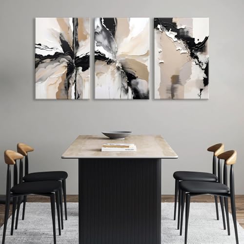 LYPHNX Framed Black and Brown Abstract Geometric Canvas Wall Art Modern Grey White Beige Print Poster Set of 3 Painting Terracotta Brush Strokes Picture Home Decor for Bathroom Bedroom Office 12"x16" - color: Abstract Black Beige, size: 12"x16" Canvas