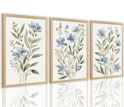 Beayum Blue Wildflower Watercolor Canvas Wall Art, Unframed, Set of 3 - color: Blue Wildflower Prints, size: 16"L x 12"W Unframed