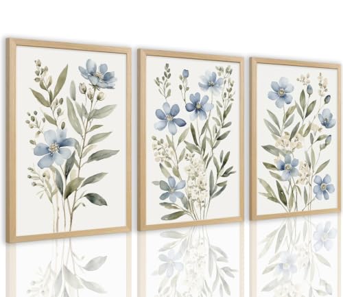 Beayum Blue Wildflower Watercolor Canvas Wall Art, Unframed, Set of 3 - color: Blue Wildflower Prints, size: 16"L x 12"W Unframed