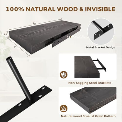 Solid Wood Floating Shelves, 24 Inch Wall Shelves, Set of 2, Black - color: Black, size: 24x8x1.6