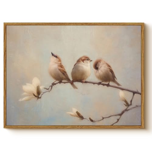 WHASAYART Rustic Framed Autumn Bird Flower Canvas Wall Art 12x16 Inch - color: Three Morning Birds, size: 16"L x 12"W