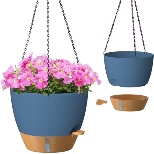 ZMTECH 12 Inch Hanging Planters for Indoor Plants & Outdoor - 2 Pack Self-Watering Hanging Pots with Drainage Holes, Visual Reservoir, Plastic Hanging Baskets Flower Pots with Removable Saucer, Blue - color: Blue, size: 12 Inch - 2 pack