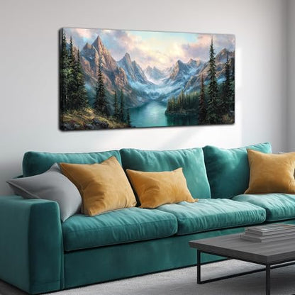 MXUNYZ Green Pine Tree River Mountains Canvas Wall Art for Living Room - color: Blue Green, size: 48"L x 24"W