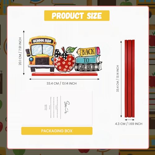 Smile Back to School Wooden Table Decor Book Stack, Polka Dot Apple, School Bus Desktop Signs - Classroom & Home Office Tabletop Decorations School Gift for Students, Teachers - style: School