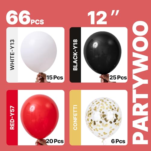 PartyWoo Red and Black Balloons 66pcs 12 Inch Black Red White Balloons - color: Red-3322