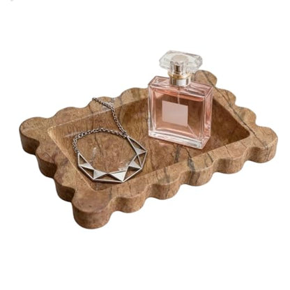 Natural Samll Marble Tray 6.3"x4.7",Rectangle Scalloped Tray for Women Home Décor (Rainforest Brown)