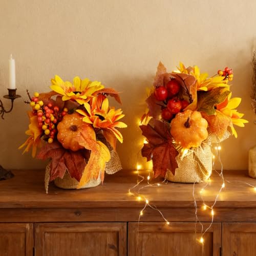 RHN Fall Centerpieces for Tables,2 Pcs Fall Table Flowers Centerpiece Decor with Pumpkin Sunflower Pinecone Berry and Maple Leaf for Autumn Thanksgiving Home Dining Table Decorations