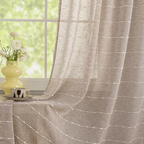 Beige Striped Sheer Curtains 90 Inch, Light Filtering 2 Panels Greige - color: Beige, size: 52"W x 90"L (Pack of 2)