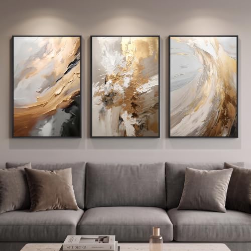 Large Framed Neutral Luxury Abstract Wall Art, 3 Piece Set, Each 20x30 In - color: Neutral Gold Accents, size: 20" W x 30" H x 3pcs
