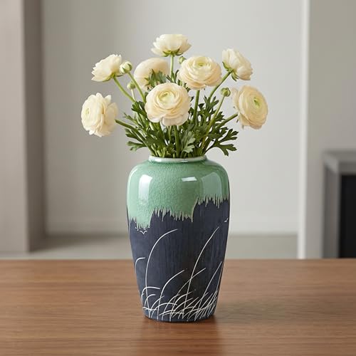 Black and Green Vase, 8 Inch Green Ceramic Vase with Textured Crackle Glaze, Modern Farmhouse Vases for Home Decor, Rustic Centerpiece for Living Room, Bathroom - color: Wheat Light Green