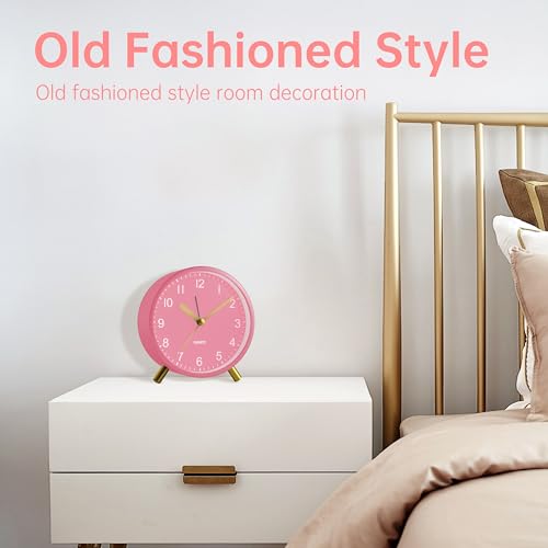 JALL Analog Alarm Clock, 4 inch Super Silent Non Ticking Small Clock with Night Light, Battery Operated, Simple Design, Easy Setting for Office, Bedroom, Bedside, Desk, Teens, Elders, Adult, Pink - color: Pink