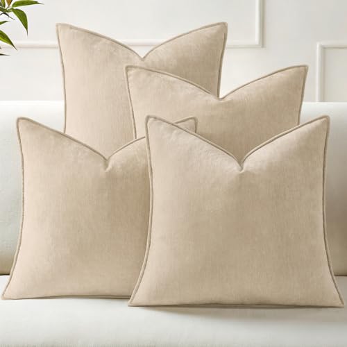 decorUhome Set of 4 Chenille Beige Throw Pillow Covers 18x18 - color: Natural Beige, size: 18" x 18" (Pack of 4)