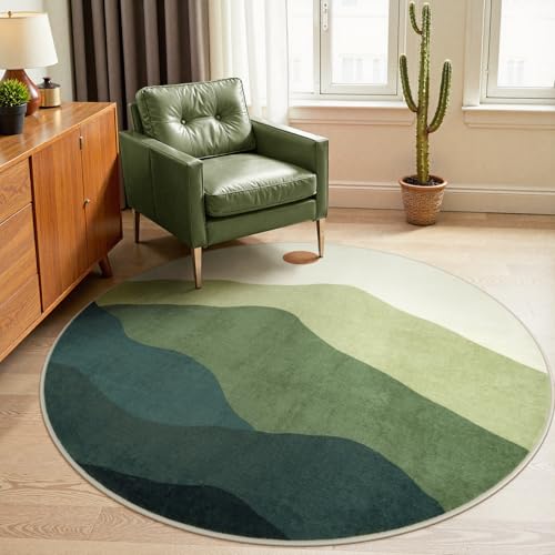 5ft Abstract Green Round Rug, Large Mountain Sunrise Circle Area Rug - color: Green, size: 5' (Round)