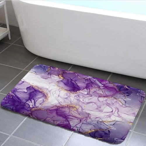 Purple Bath Mat, Marble Texture Abstract Bathroom Rugs No Silp, Purple Gold Colorful Romantic Abstract Bathroom Kitchen Door Mat, Soft Modern Luxury Elegant Art Decor 19X31IN - color: Purple, size: 1'7" x 2'7" (Rectangular)