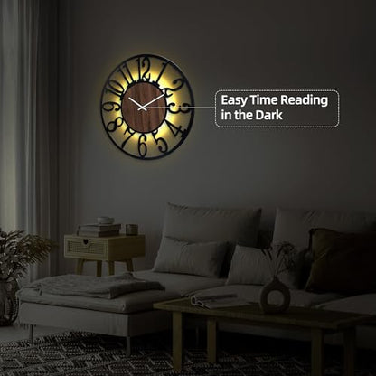 30" Silent Large Wall Clock – Adjustable Night Light, Battery Operated - color: Black Walnut - Arabic Numerals, size: 30 inch(76 cm)