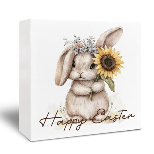 Easter Bunny Wooden Sign - Cute Bunny Desk Decor, Easter Decorations, Happy Easter Spring Sun Flower Wooden Box Sign for Home Shelf Desk Table 5x5 Inch - color: Sun Flower