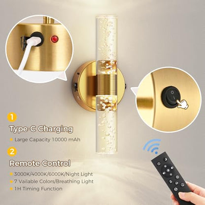Battery Operated Wall Sconces Set of 2, 10000mAh Rechargeable Wall Light - color: Gold, size: 12 inch