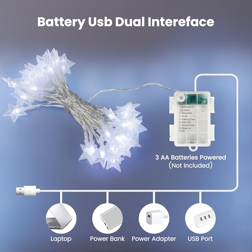 HEYFUNi White Star String Lights with Remote, 16FT USB/Battery Powered - color: White, size: 50 LED-Battery&USB